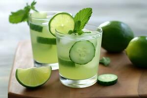 ai gegenereerd twee bril van limonade met komkommer plakjes en limoen plakjes foto