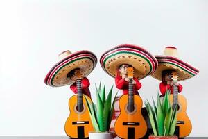 ai gegenereerd Mexicaans gitaar beeldjes met Mexicaans hoeden en planten foto