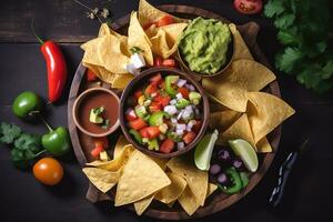ai gegenereerd Mexicaans voedsel met tortilla chips en guacamole Aan een houten tafel foto