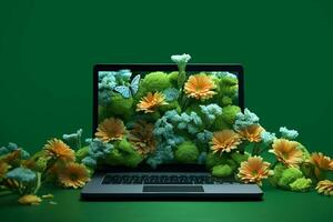 ai gegenereerd groen baan concept. laptop met bloemen binnen. ai gegenereerd foto