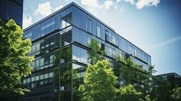 ai gegenereerd duurzame eco vriendelijk kantoor gebouw met glas in modern stad foto