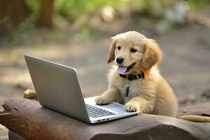 ai gegenereerd schattig corgi hond werken Aan de laptop in buitenshuis achtergrond foto