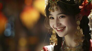 ai gegenereerd Chinese mooi glimlachen meisje met Chinese traditioneel cheongsam dressing Aan Chinese nieuw jaar achtergrond foto