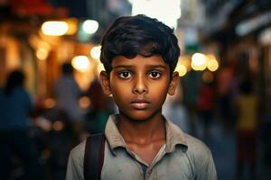 ai gegenereerd portret van tamil jongen Bij bezig Indisch of Pakistan stad straat foto