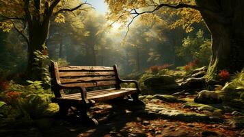 ai gegenereerd houten bank in de Woud in de park in herfst foto