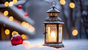 ai gegenereerd opwarming omhoog de winter nacht een knus lantaarn omhelzing foto