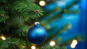 ai gegenereerd een blauw Kerstmis ornament hangende Aan een groen Kerstmis boom met een blauw achtergrond foto