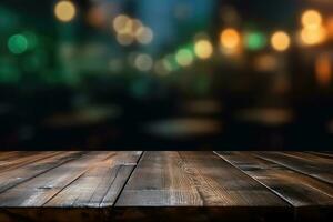 ai gegenereerd hout tafel met warm lichten achtergrond foto