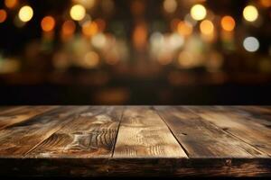 ai gegenereerd hout tafel met warm lichten achtergrond foto