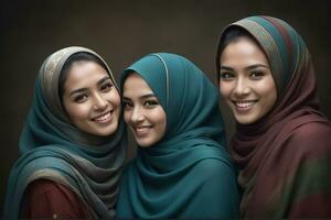 ai gegenereerd mooi groep van moslims Dames glimlachen en lachend vervelend een hijab en versierd sjaal foto