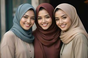 ai gegenereerd mooi groep van moslims Dames glimlachen en lachend vervelend een hijab en versierd sjaal foto