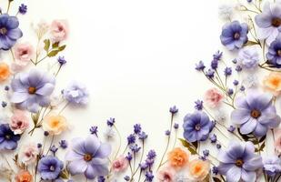 ai gegenereerd een bloem grens met blauw en Purper bloemen foto