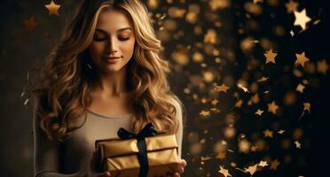 ai gegenereerd een vrouw Holding een geschenk doos met wit sterren met confetti voor een elegant foto