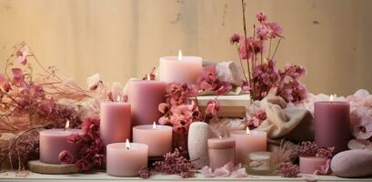 ai gegenereerd een roze tafel met bloem decoraties en spa producten foto