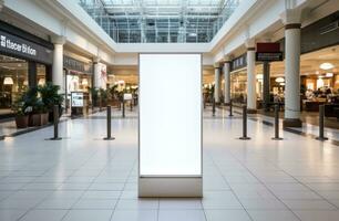 ai gegenereerd een staand poster Scherm in een boodschappen doen winkelcentrum foto