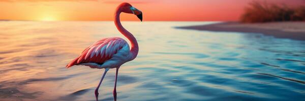 ai gegenereerd zonsopkomst strand tafereel met flamingo waden in kalmte Ondiep wateren en copyspace foto