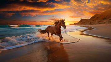 ai gegenereerd paarden silhouet Bij pittoreske strand met kleurrijk zonsopkomst en copyspace foto