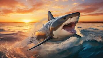 ai gegenereerd haai jumping door de kust gedurende een kleurrijk zonsopkomst met ruimte voor tekst foto