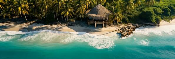 ai gegenereerd antenne visie van een geïsoleerd rieten huisje Aan een uitgestorven tropisch strand met kopiëren ruimte foto