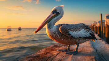 ai gegenereerd zonsondergang over- de oceaan met pelikaan neergestreken Aan een dok en copyspace voor tekst foto