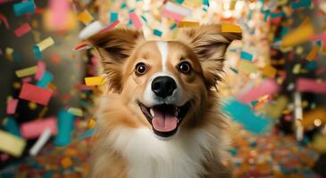 ai gegenereerd een bruinen hond met een partij hoed in voorkant van confetti foto