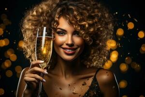 ai gegenereerd een vrouw Holding een glas van Champagne met confetti achter haar foto