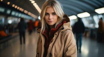 ai gegenereerd een aantrekkelijk jong vrouw in een bruin jas. staand in een luchthaven foto