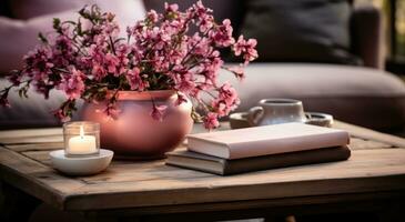 ai gegenereerd een houten koffie tafel met bloem, kop en boek foto