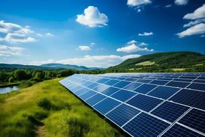 ai gegenereerd een landschap presentatie van hernieuwbaar energie bronnen zo net zo wind turbines en zonne- panelen reeks in een natuurlijk groen milieu met leeg ruimte voor tekst foto