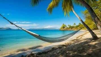 ai gegenereerd een pittoreske tropisch strand tafereel met Doorzichtig blauw wateren palm bomen en een hangmat belichamen een perfect zomer ga weg foto