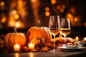 ai gegenereerd een prachtig versierd dankzegging tafel instelling met herfst bladeren pompoenen en kaarsen klaar voor een feestelijk familie avondeten foto
