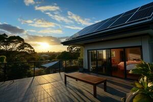 ai gegenereerd zonne- panelen geïnstalleerd Aan de op het dak van een modern huis met een Doorzichtig blauw lucht in de achtergrond vertegenwoordigen duurzame leven foto