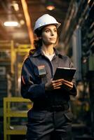 ai gegenereerd jong vrouw arbeider specialist ingenieur in uniform moeilijk hoed met tablet in handen in een industrieel werkplaats of vervaardiging fabriek foto
