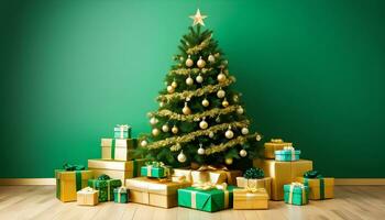 ai gegenereerd een feestelijk Kerstmis tafereel met presenteert en een groen boom foto