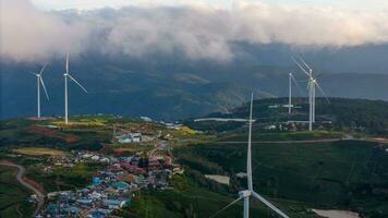 mooi landschap in de ochtend- Bij cau dat, da lat stad, lam dong provincie. wind macht Aan thee heuvel, ochtend- landschap Aan de heuvel van thee geplant foto