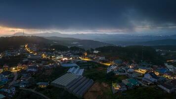 mooi landschap in de ochtend- Bij cau dat, da lat stad, lam dong provincie. wind macht Aan thee heuvel, ochtend- landschap Aan de heuvel van thee geplant foto