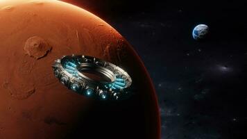 visie van aarde en een schip naderen Mars. gedetailleerd en realistisch 3d illustratie. drijvend ruimteschip in de universum, shuttle in atmosfeer. afbeeldingen van nasa. weergegeven 3d illustratie foto