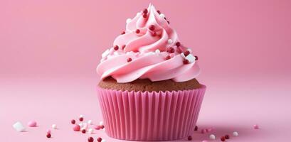 ai gegenereerd roze kop cakes met suikerglazuur foto