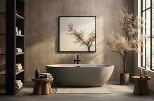 ai gegenereerd modern badkamer met kuip en bomen, foto