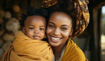 ai gegenereerd vrouw omarmen haar pasgeboren kind en glimlacht in de camera foto