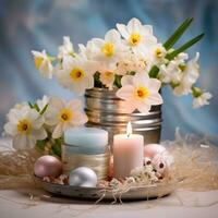 ai gegenereerd een elegant Pasen-thema opstelling met bloemen, kaarsen, en decoraties, foto