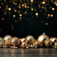 ai gegenereerd een klassiek Kerstmis backdrop met goud ballen en genoeg van negatief ruimte voor kopiëren foto