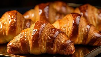 ai gegenereerd vers gebakken croissants, met gouden bruin vlokkig buitenkant en lagen van boterachtig goedheid zichtbaar foto