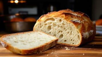 ai gegenereerd de korst van vers gebakken brood is gouden en knapperig, terwijl de binnen is zacht en pluizig foto