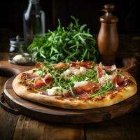 ai gegenereerd een fijnproever pizza met uniek toppings zo net zo prosciutto, rucola, en geschoren Parmezaanse kaas kaas foto