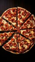 ai gegenereerd pizza plakjes geregeld in een spiraal patroon, benadrukkend de symmetrisch schoonheid van de pizza foto