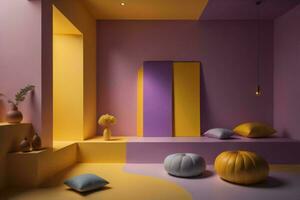 ai gegenereerd interieur van modern leven kamer met Purper en geel muren, beton vloer, oranje en grijs poef en ronde. generatief ai foto