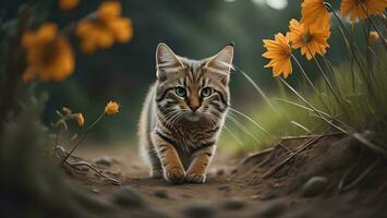 ai gegenereerd schattig gestreept katje wandelen in de veld- met geel bloemen. generatief ai foto