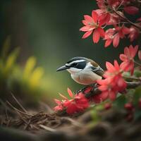 ai gegenereerd portret van een witrug specht copsychus malabaricus Aan een rood bloem. generatief ai foto