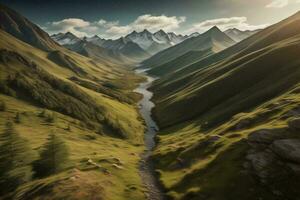 ai gegenereerd mooi berg landschap met een rivier- en hoog pieken in de achtergrond. generatief ai foto